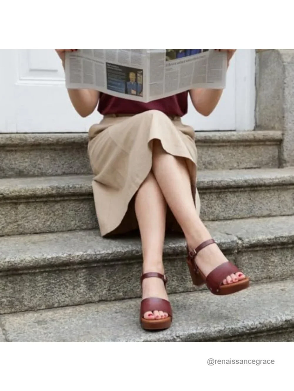 Cushionaire Sloan Faux Wood Wedge Sandal Memory Foam LiteSole Ankle Strap